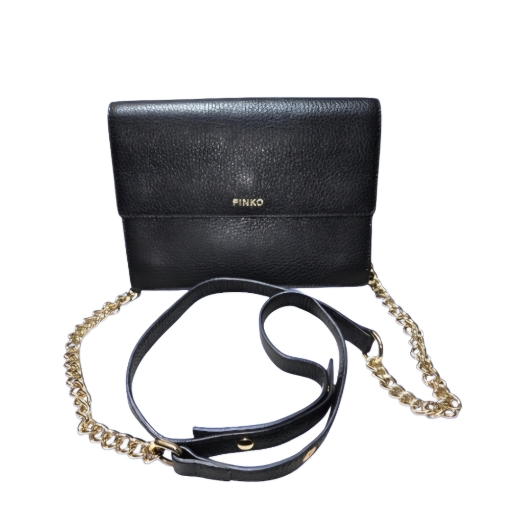Pinko Alicante Pattina Italian Leather Crossbody Bag Black with Gold Accents EUC